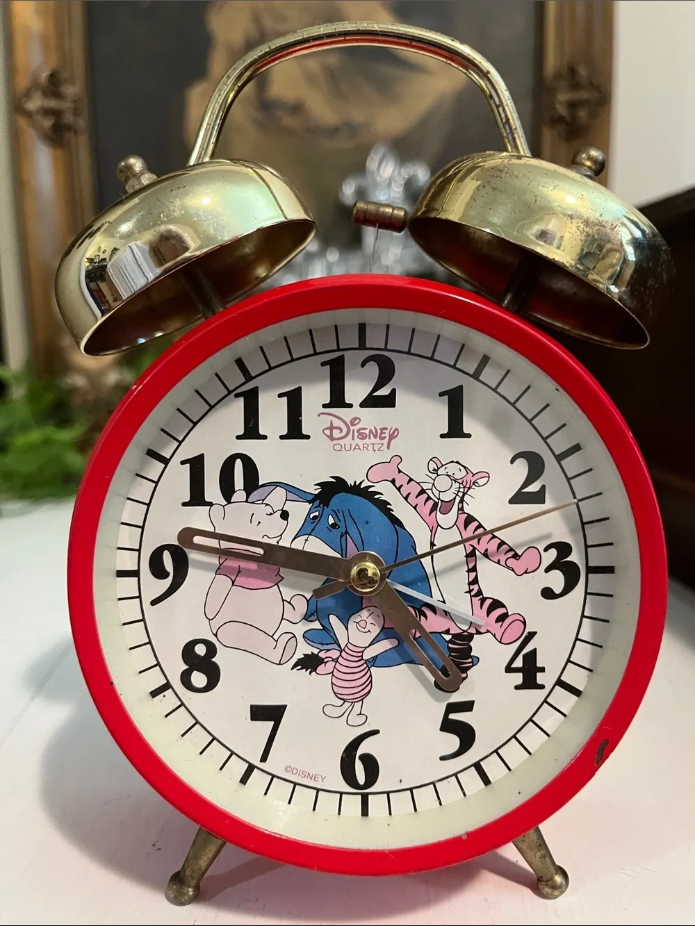 DISNEY Alarm Clock - Red & Brass - Tigger, Piglet, Pooh, Eeyore - Quartz - Bells